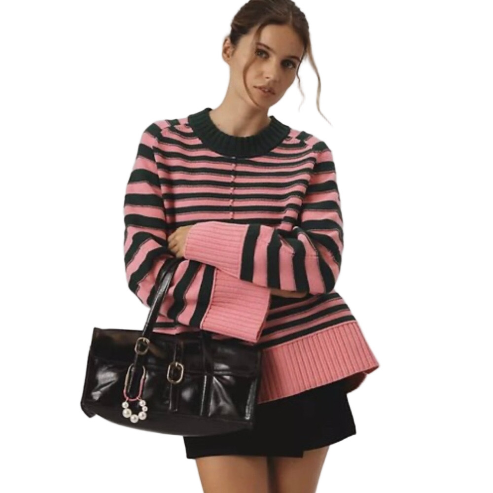Anthropologie Pink and Dark Green Striped Crewneck Sweater
